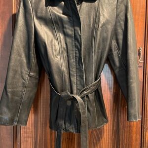 Liz Claiborne Black Leather Belted Jacket with fur collar